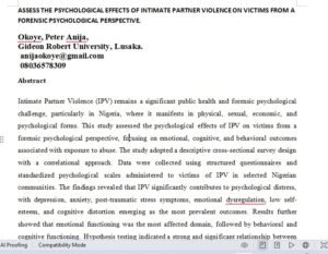 ASSESS THE PSYCHOLOGICAL EFFECTS OF INTIMATE PARTNER VIOLENCE ON VICTIMS FROM A FORENSIC PSYCHOLOGICAL PERSPECTIVE