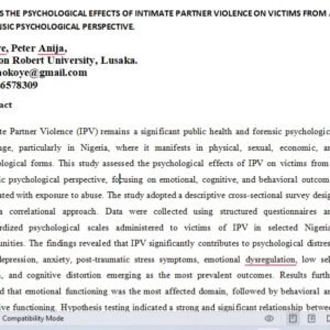 ASSESS THE PSYCHOLOGICAL EFFECTS OF INTIMATE PARTNER VIOLENCE ON VICTIMS FROM A FORENSIC PSYCHOLOGICAL PERSPECTIVE
